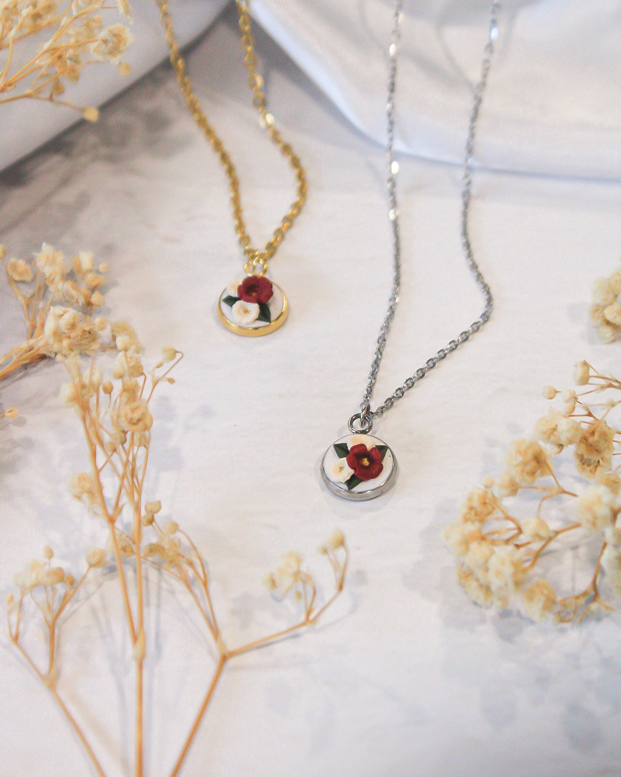 Ivory & Cherry Bouquet Pendant Necklace