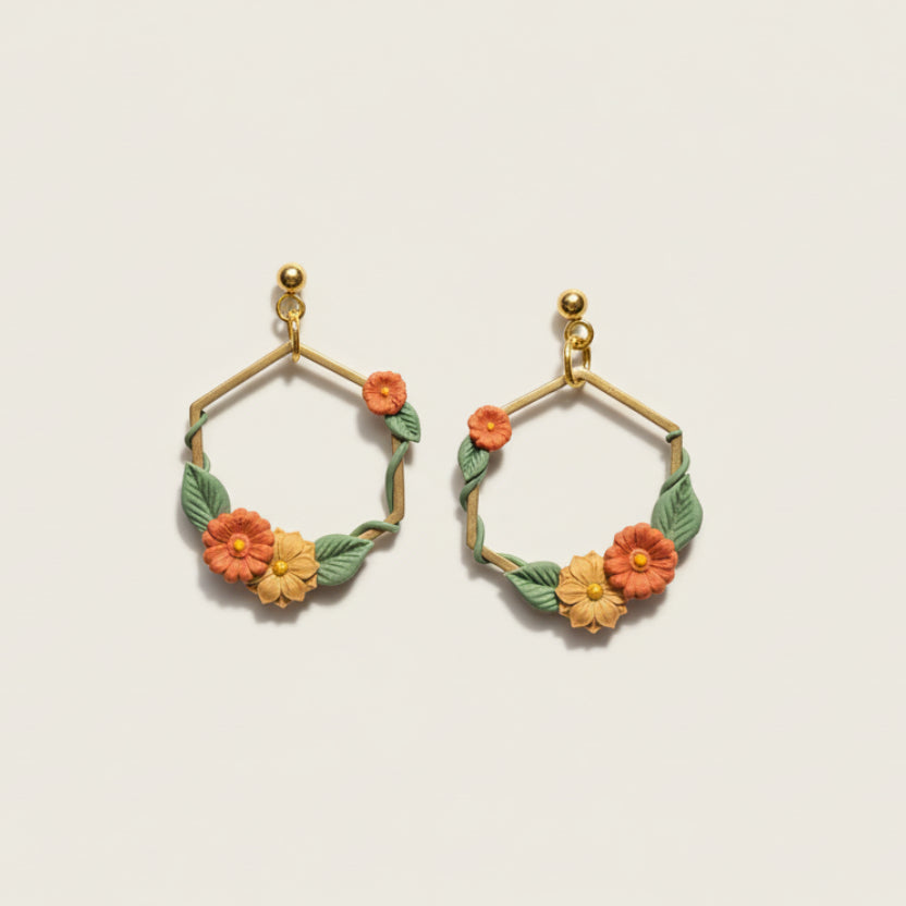 Autumn Gold Ivy Hexagon Earrings