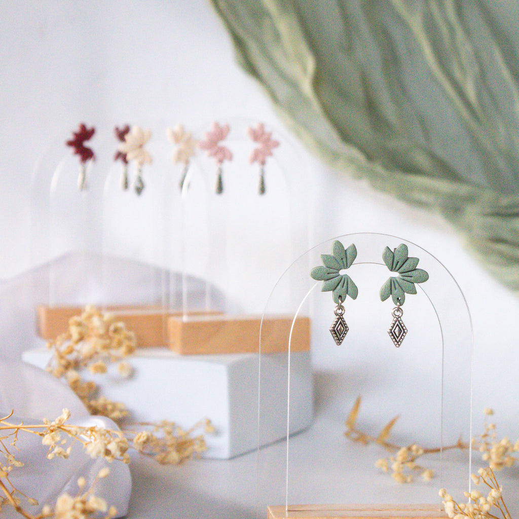 Sage Bloom Stud Earrings — handmade NZ stud earrings crafted from polymer clay in Auckland by Arias Design Co