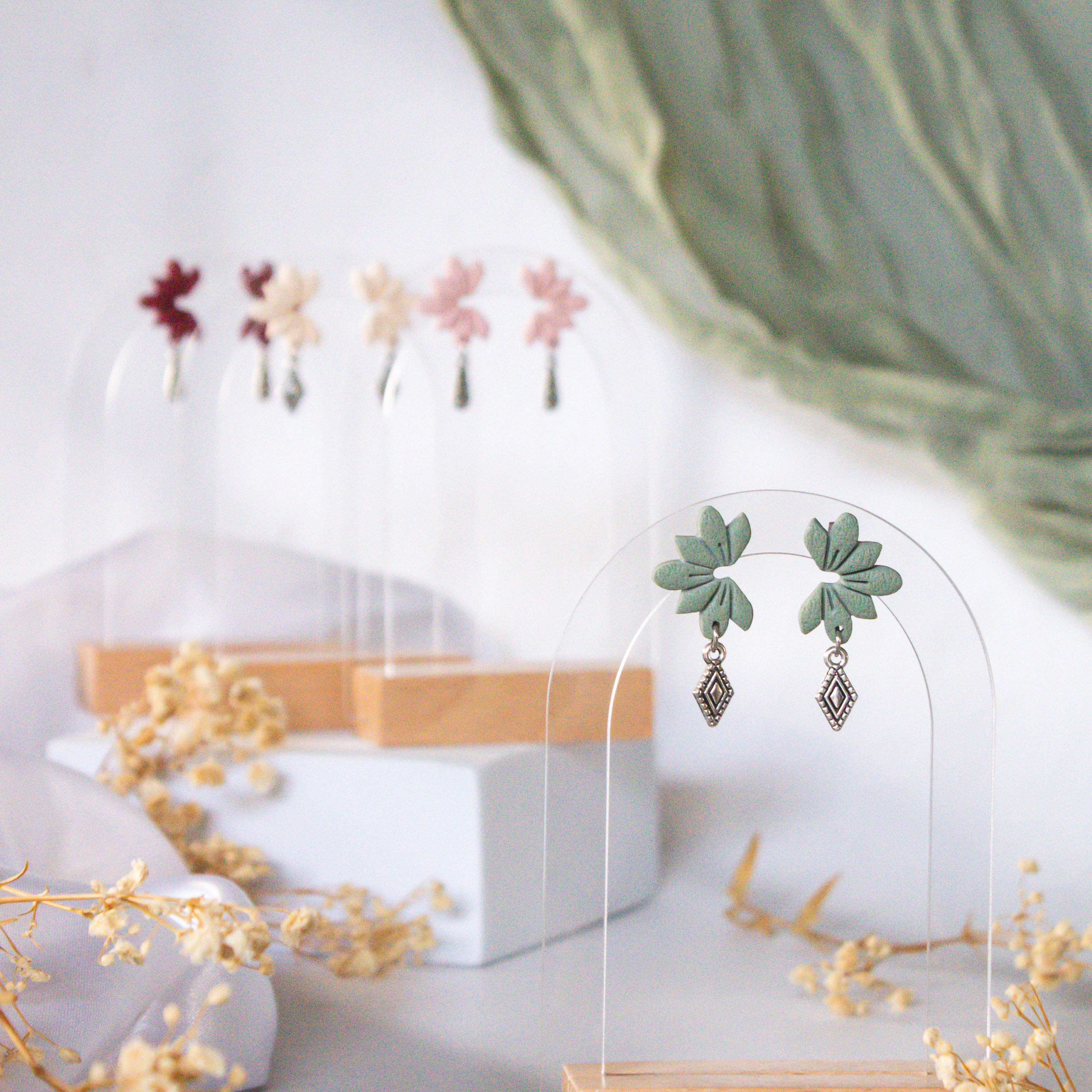Sage Bloom Stud Earrings — handmade NZ stud earrings crafted from polymer clay in Auckland by Arias Design Co