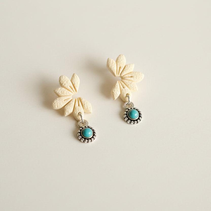 Handmade Ivory & Turquoise Bloom Stud Earrings — polymer clay stud earrings made in New Zealand by Arias Design Co