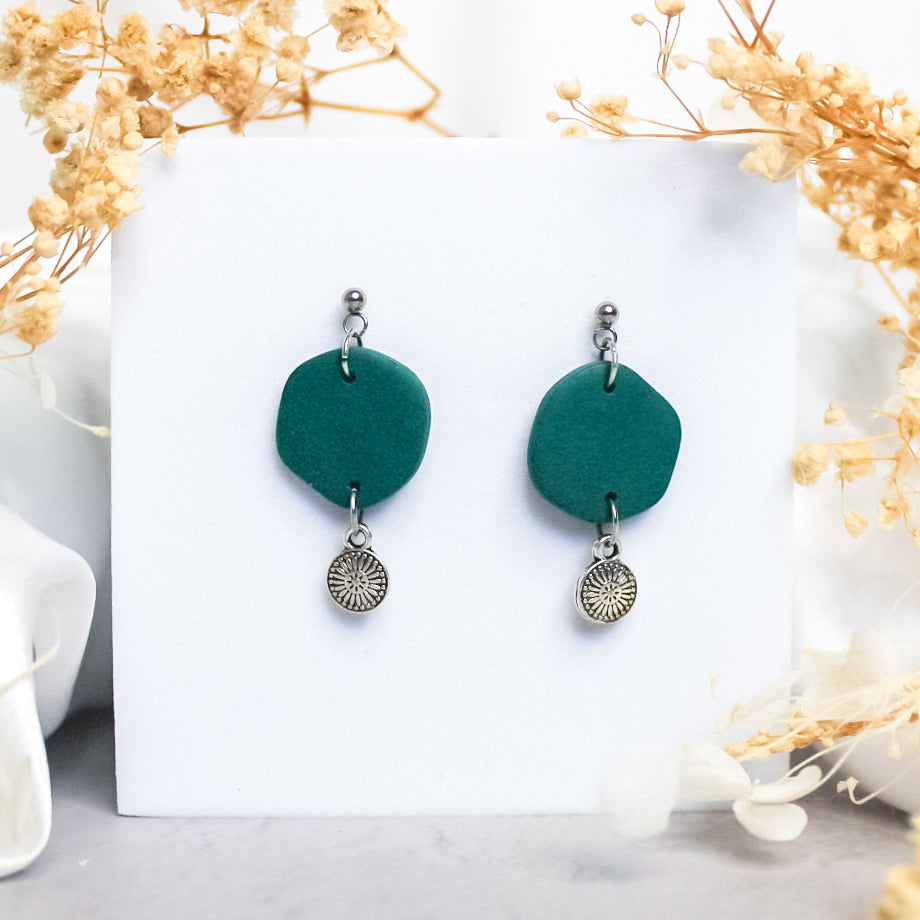 Handmade pebble & charm earrings in green | NZ handmade earrings