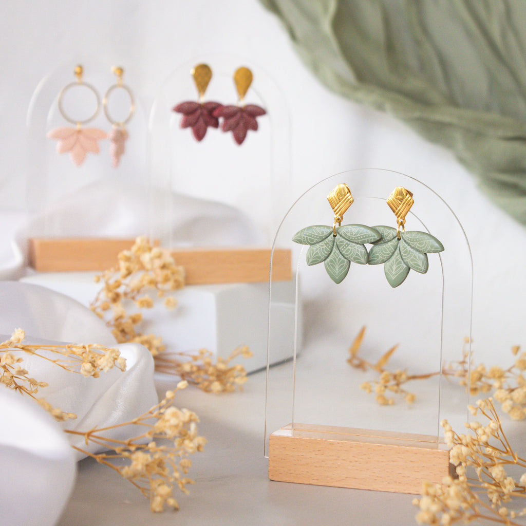 Sage Lotus Earrings — handmade NZ earrings crafted from polymer clay in Auckland by Arias Design Co