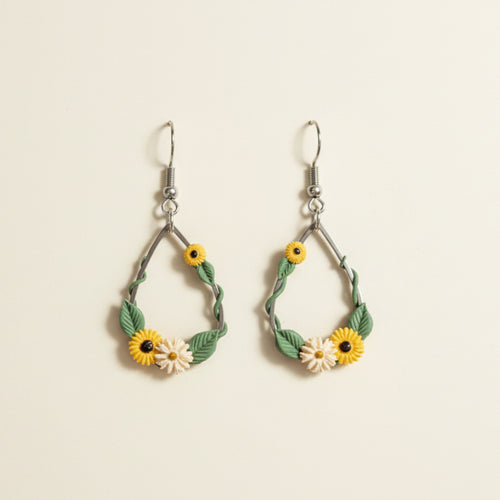 Handmade Sunflower Ivy Droplet Earrings — polymer clay drop earrings made in New Zealand by Arias Design Co