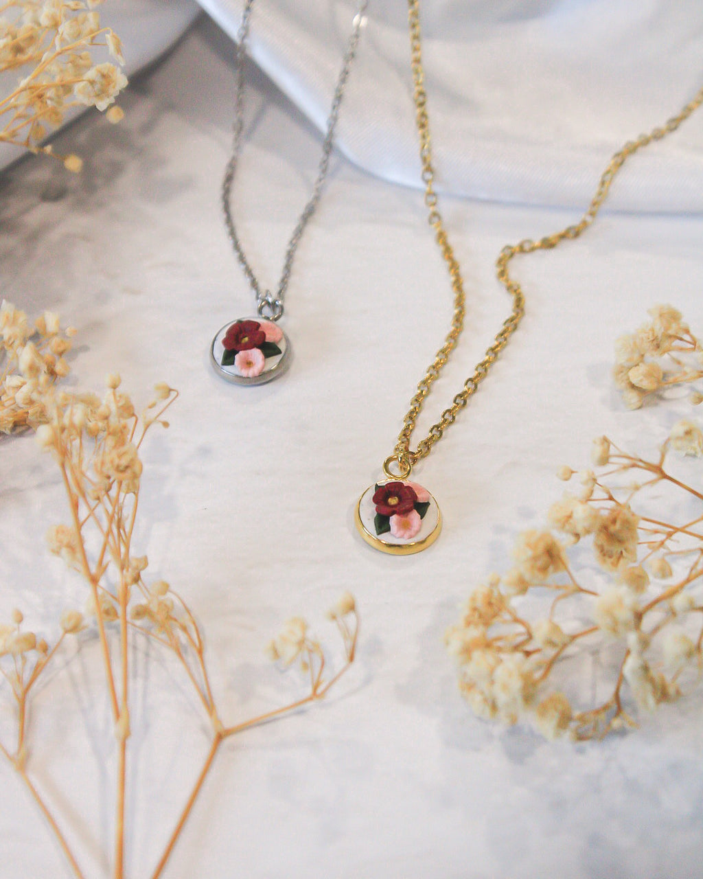 Cherry & Blush Bouquet Pendant Necklace