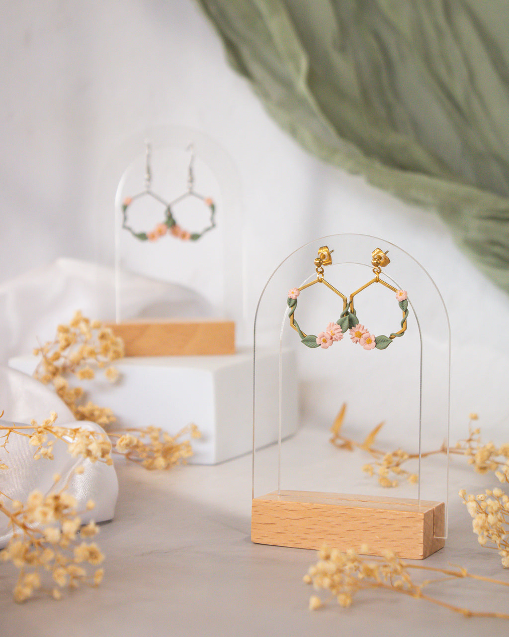 Gold hexagon earrings with blush ivy floral detail | nature inspired jewellery New Zealand