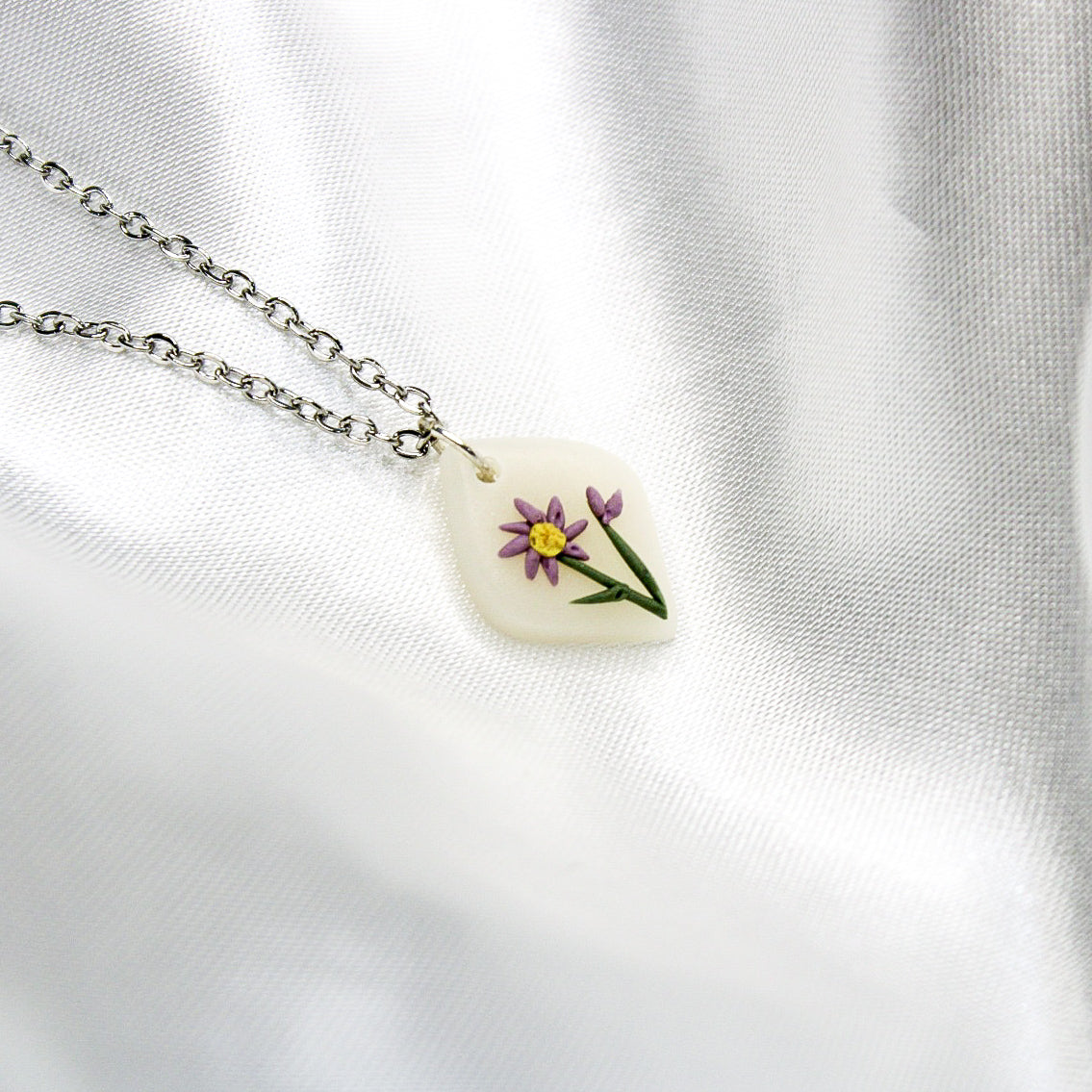 Silver raven aster birth flower necklace — September pendant