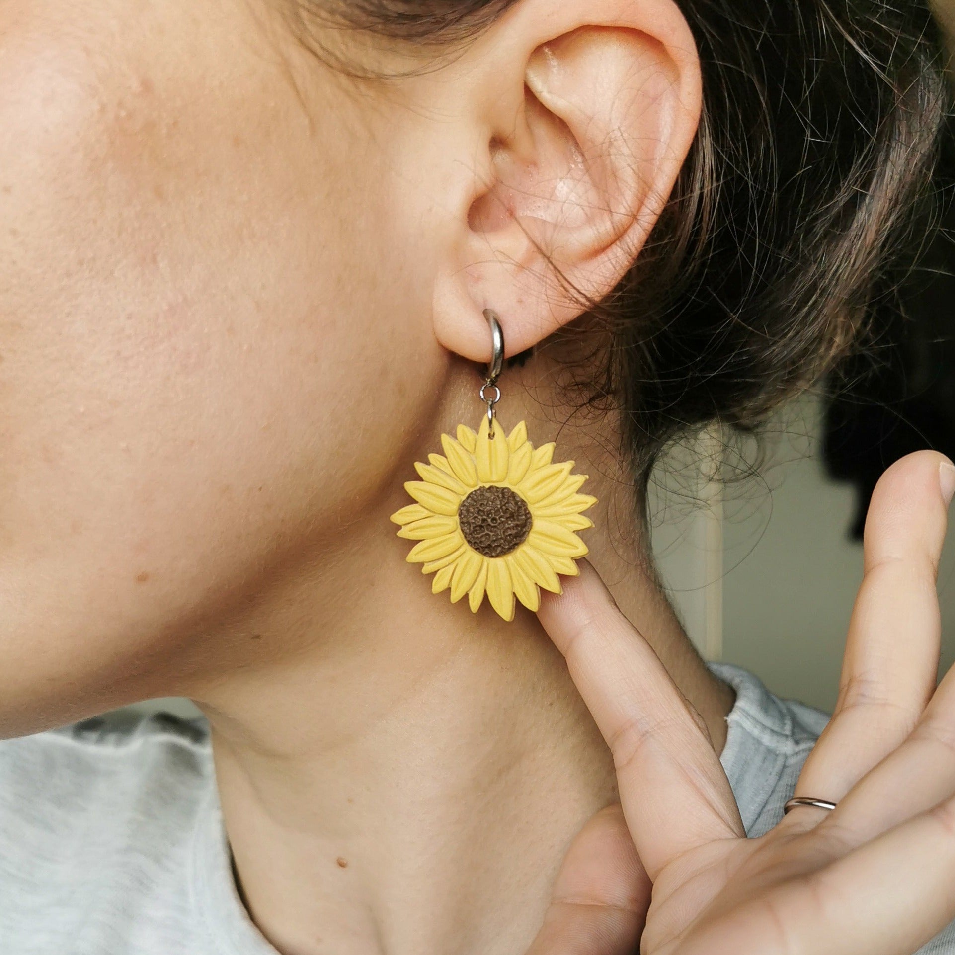 Silver sunflower polymer clay earrings | handmade flower earrings New Zealand