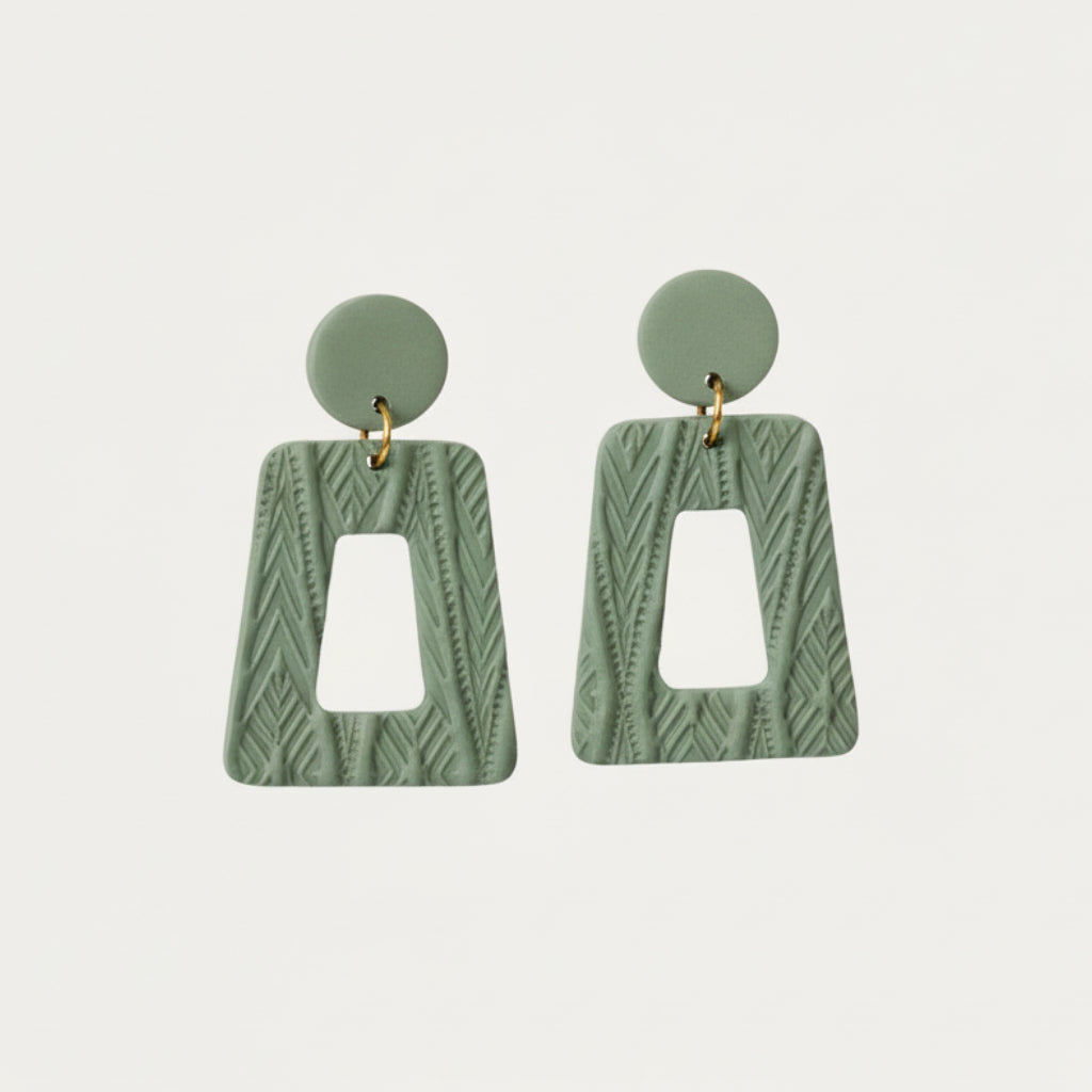 Handmade Eucalyptus Trapezium Earrings — polymer clay earrings made in New Zealand by Arias Design Co