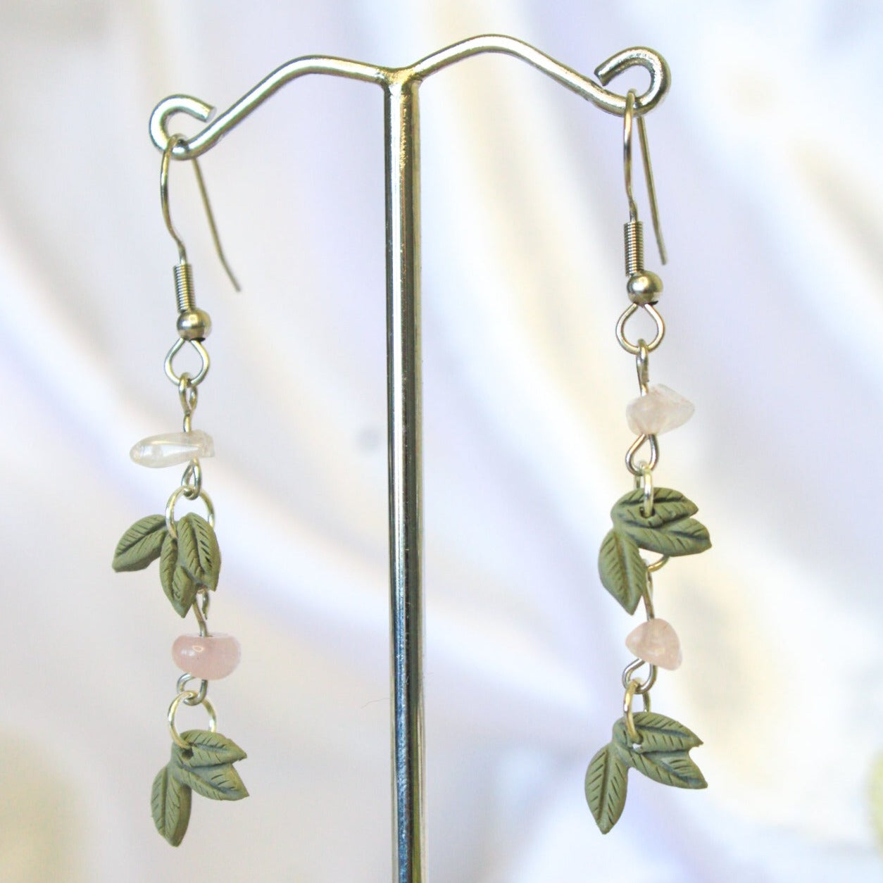 Rose quartz vine earrings for sensitive ears | NZ handmade jewellery