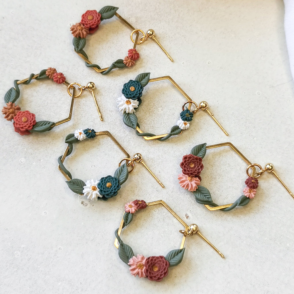 Handpainted flower frame hexagon earrings in gold | handpainted earrings NZ