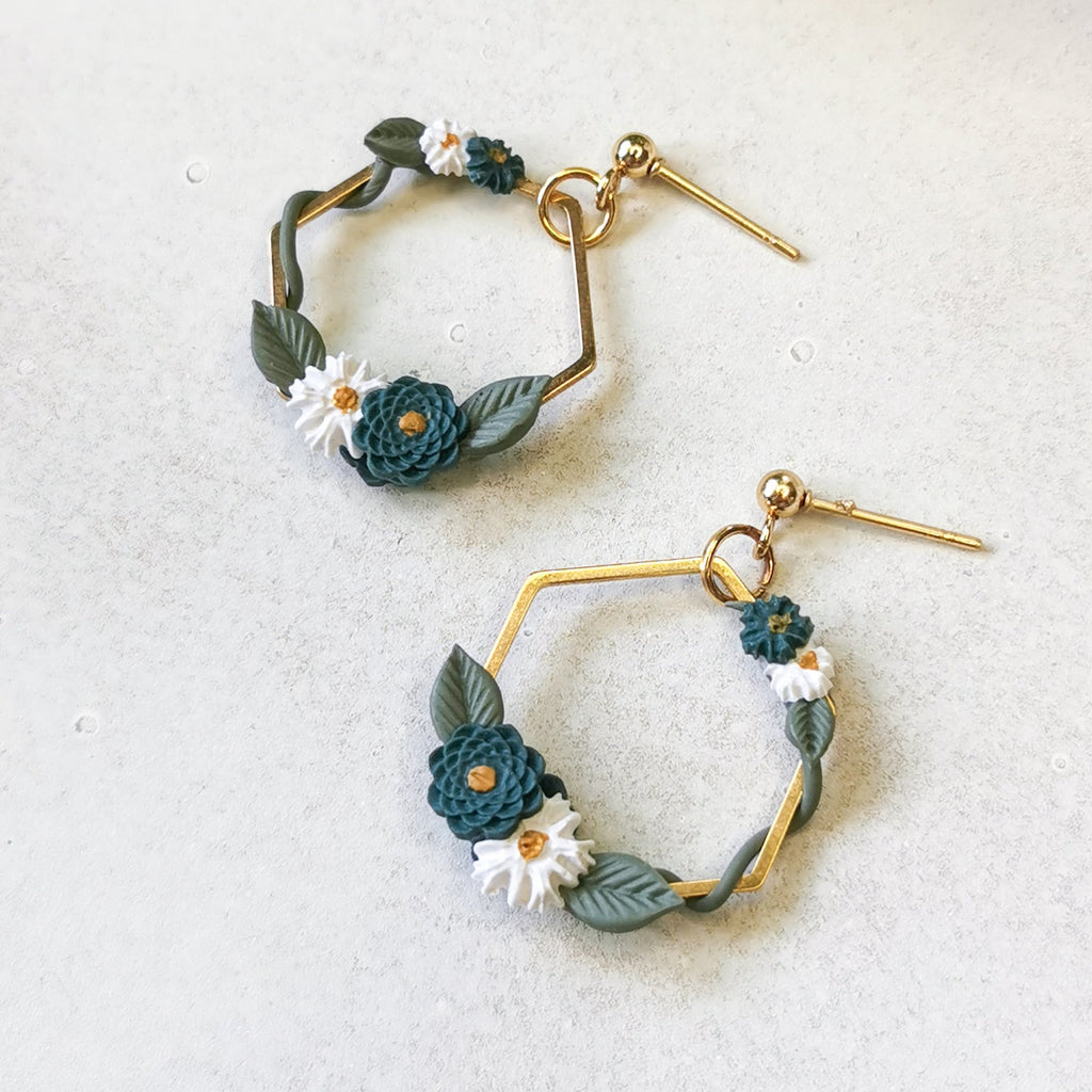 Gold hexagon frame earrings with handpainted floral trio | polymer clay earrings NZ