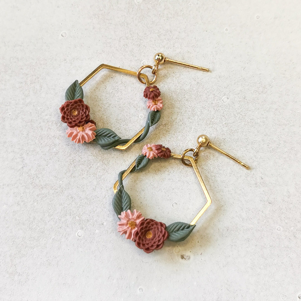 Gold handpainted flower frame earrings handmade in Auckland | unique jewellery gift NZ